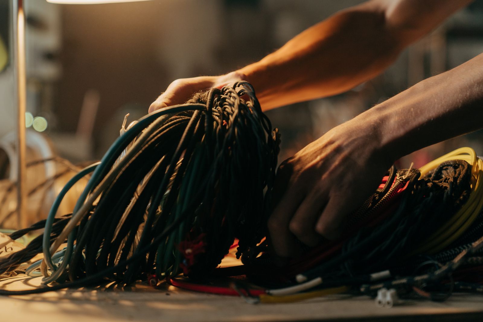 Gloved hands sorting coloured branch-circuit conductors before making connections.